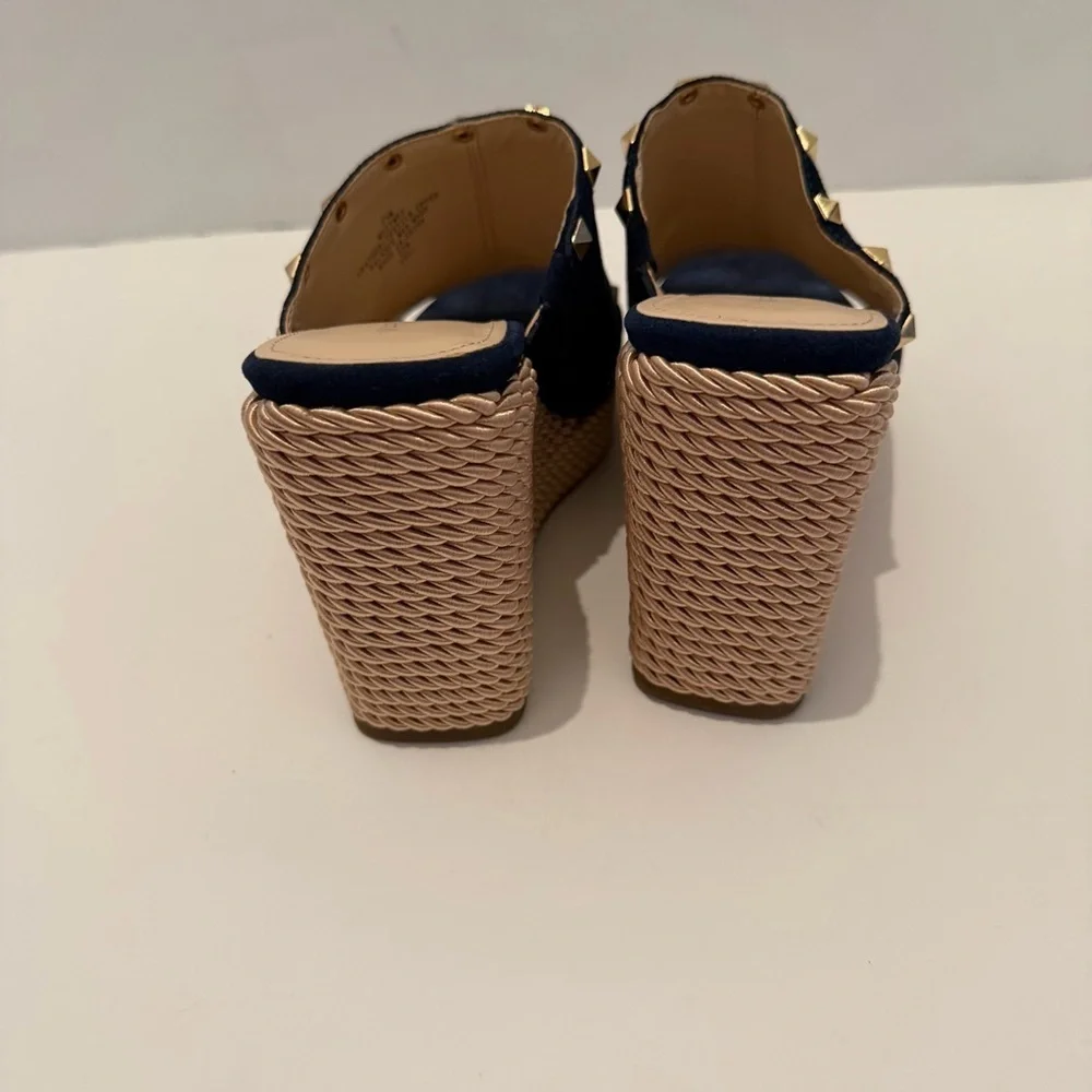 Marc Fisher Navy Suede Studded Wedge Slide Sandals Size 7.5
